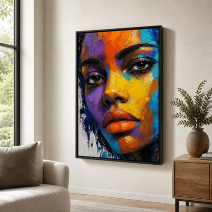 Impasto Female Face Pop Color Wall Art floating frame wall art - 02b_black_wall_scene_full