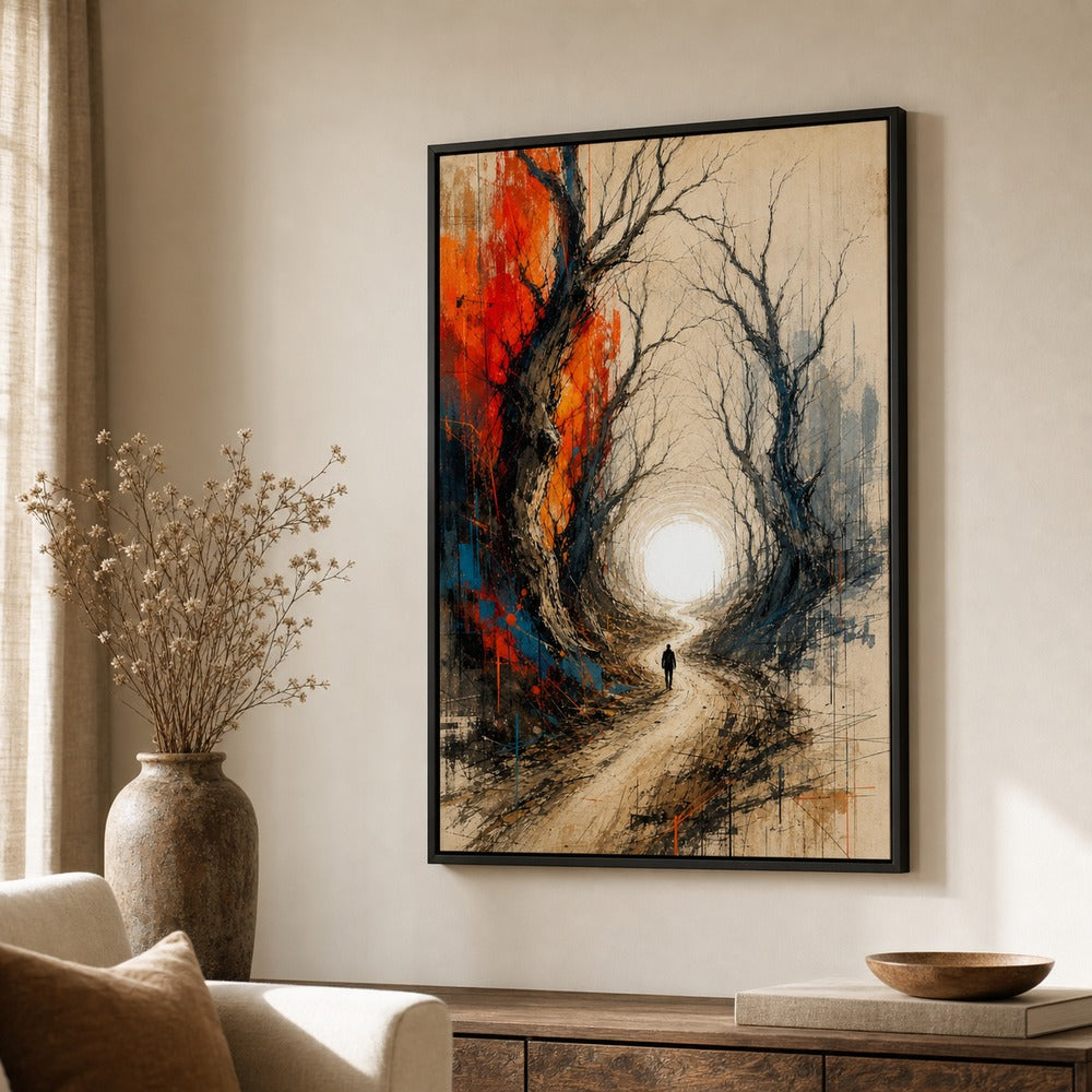Road To Light Dead Trees Abstract Wall Art floating frame wall art - 02b_black_wall_scene_full