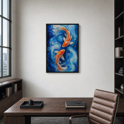Two Koi in Blue Swirling Water Wall Art - 02b_black_frame_diverse_wall_scene
