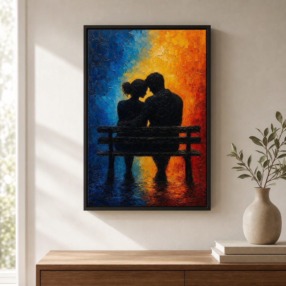 Couple Silhouette Bench Cold Warm Impasto Wall Art floating frame wall art - 02b_black_wall_scene_full