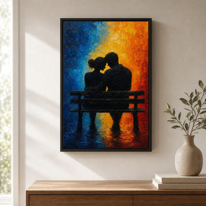 Couple Silhouette Bench Cold Warm Impasto Wall Art floating frame wall art - 02b_black_wall_scene_full