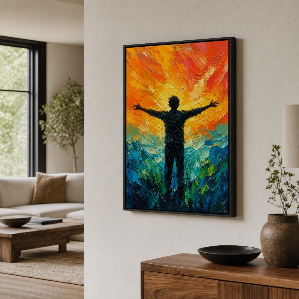 Silhouette Arms Open Sunset Turquoise Wall Art floating frame wall art - 02b_black_wall_scene_full