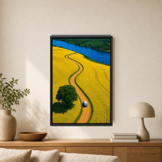 White Van Through Golden Fields Floater Frame Canvas Wall Art — room scene in a black floater frame
