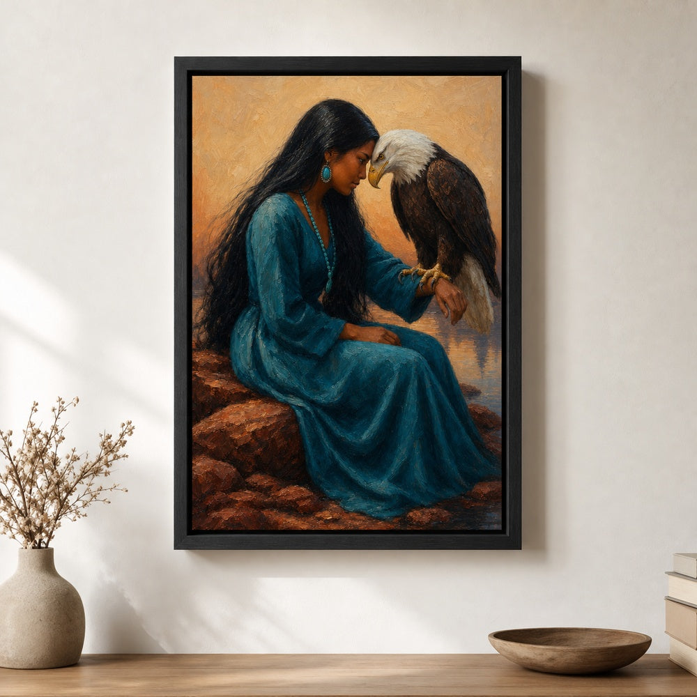Indigenous Woman and Bald Eagle Wall Art - 02b_black_wall_scene_full