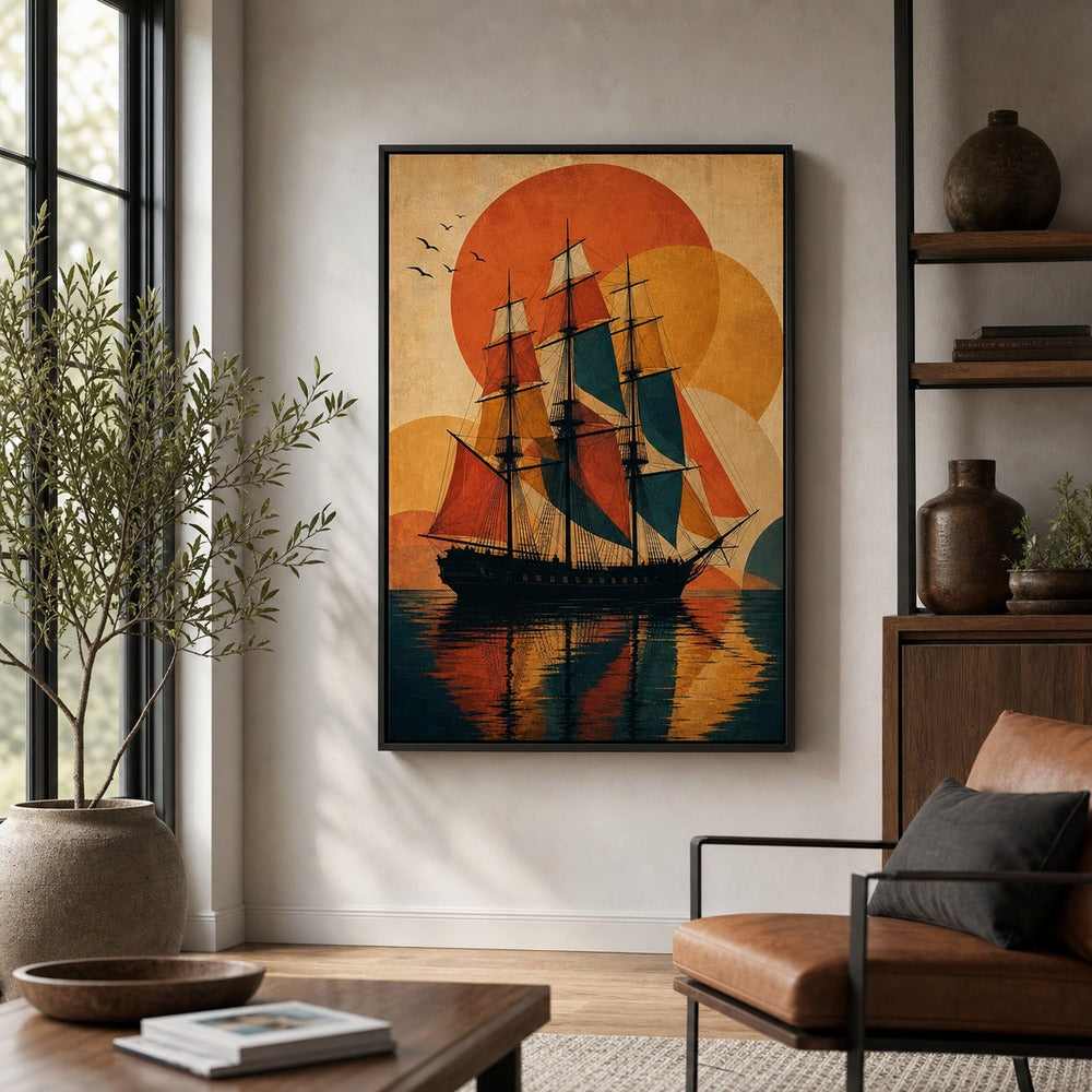 Black Three Mast Ship Retro Vector Wall Art floating frame wall art - 02b_black_wall_scene_full