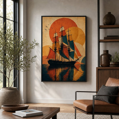 Black Three Mast Ship Retro Vector Wall Art floating frame wall art - 02b_black_wall_scene_full