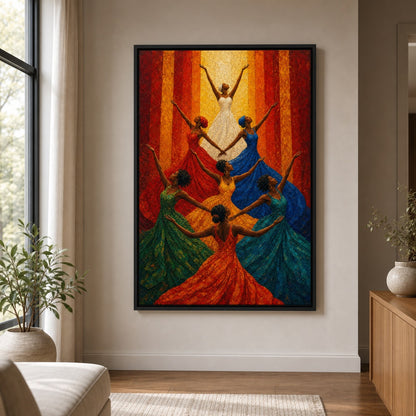 Colorful Women Celebration Dance Wall Art - 02b_black_wall_scene_full