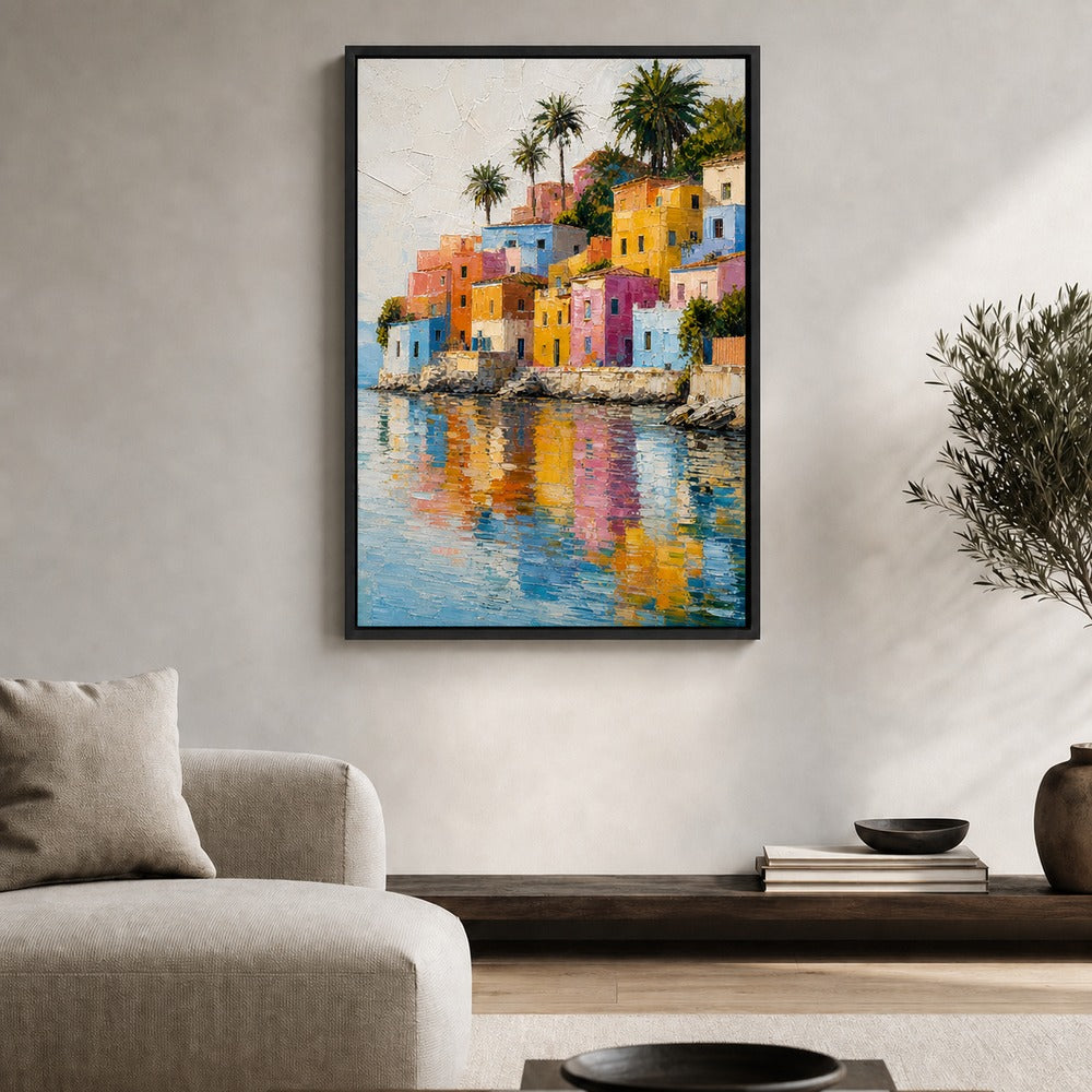 Colorful Mediterranean Coastal Village Floater Frame Canvas Wall Art — room scene in a black floater frame
