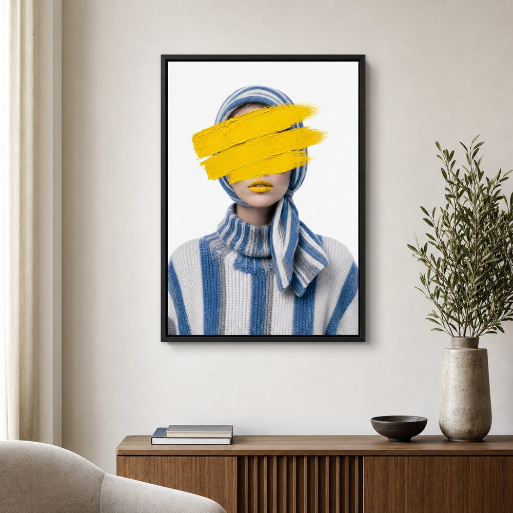 Yellow Paint Striped Knit Fashion Wall Art floating frame wall art - 02b_black_wall_scene_full