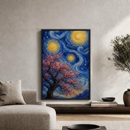Pink Cherry Blossom Swirling Night Floater Frame Canvas Wall Art — room scene in a black floater frame