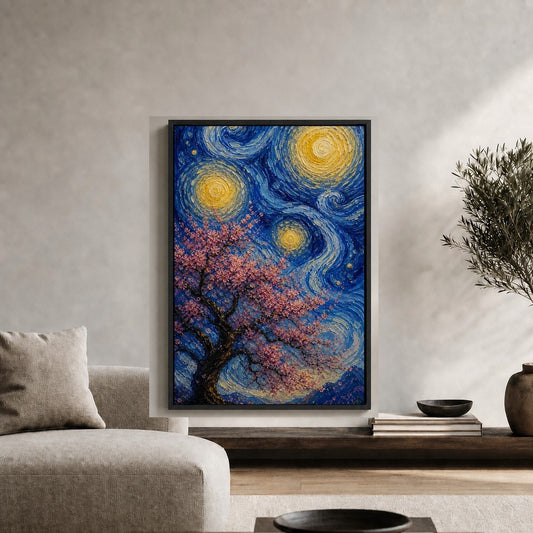 Pink Cherry Blossom Swirling Night Floater Frame Canvas Wall Art — room scene in a black floater frame