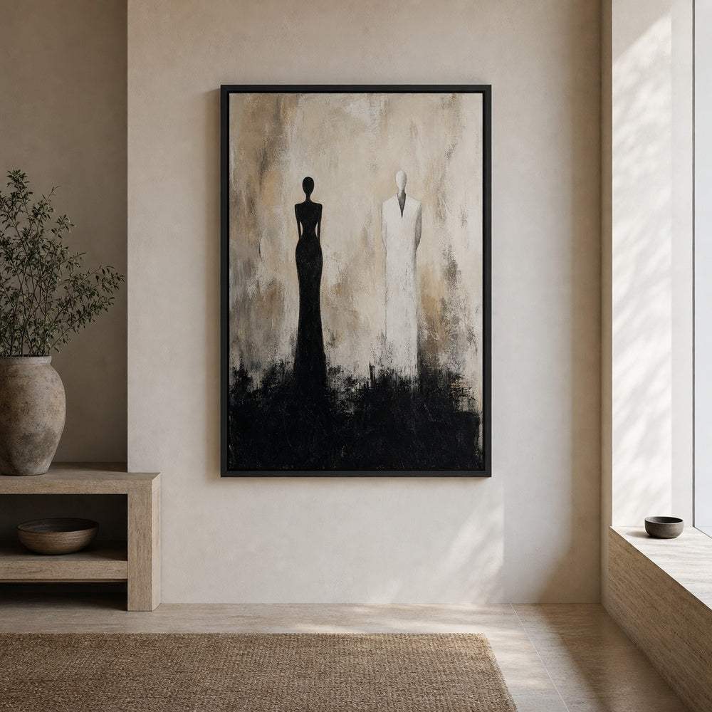 Two Faceless Figures Black White Distance Wall Art floating frame wall art - 02b_black_wall_scene_full