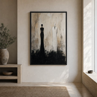 Two Faceless Figures Black White Distance Wall Art floating frame wall art - 02b_black_wall_scene_full