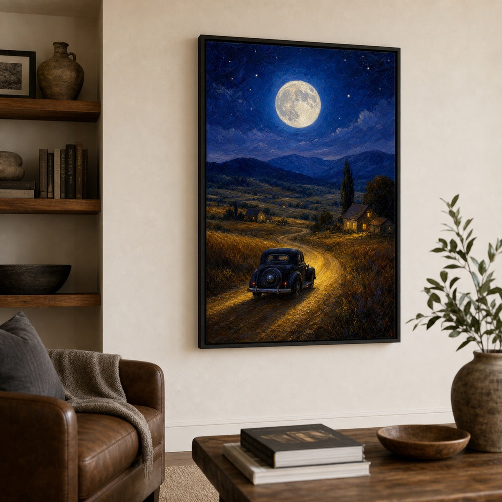 Country Night Full Moon Vintage Car Wall Art floating frame wall art - 02b_black_wall_scene_full
