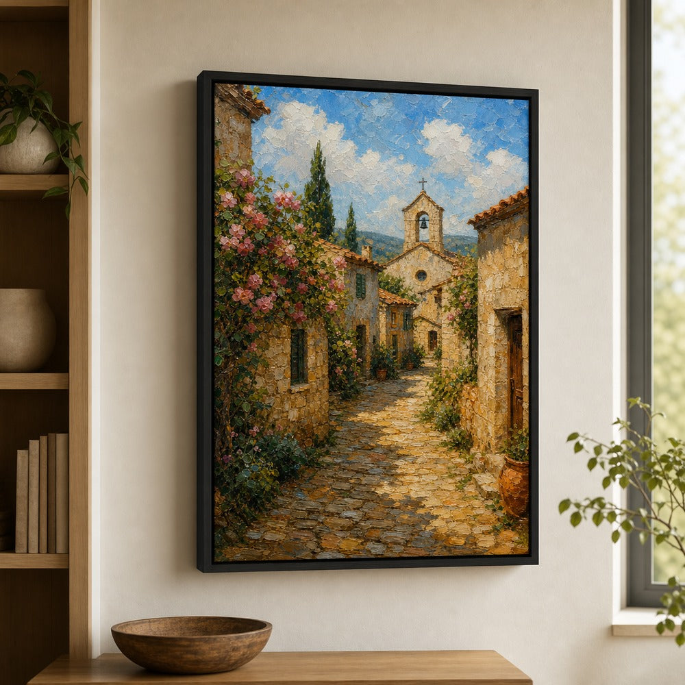 Sunny European Stone Village Impasto Wall Art floating frame wall art - 02b_black_wall_scene_full