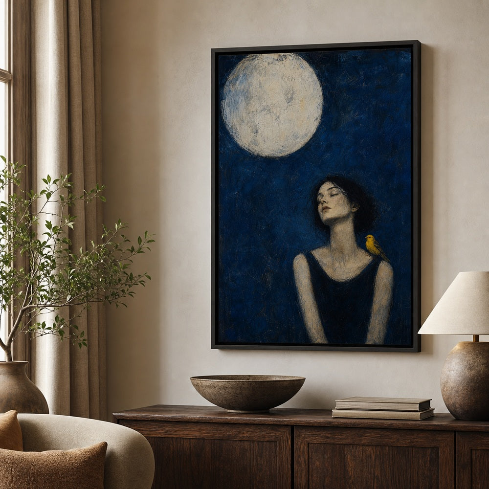 Moonlit Bird Woman Expressionist Wall Art floating frame wall art - 02b_black_wall_scene_full