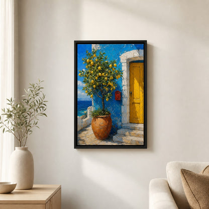 Mediterranean Blue House Lemon Tree Wall Art floating frame wall art - 02b_black_wall_scene_full