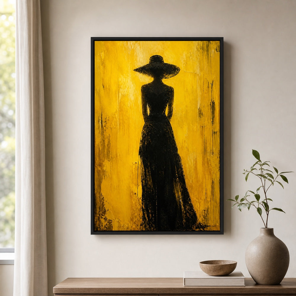 Woman Hat Silhouette Yellow Expressionist Wall Art floating frame wall art - 02b_black_wall_scene_full