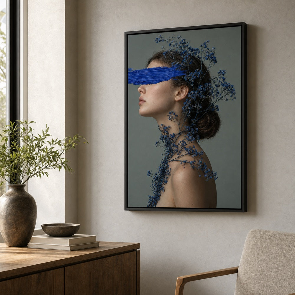 Blue Paint Blindfold Profile Wall Art floating frame wall art - 02b_black_wall_scene_full