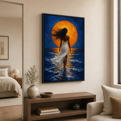 Woman White Dress Orange Sun Ocean Wall Art floating frame wall art - 02b_black_wall_scene_full