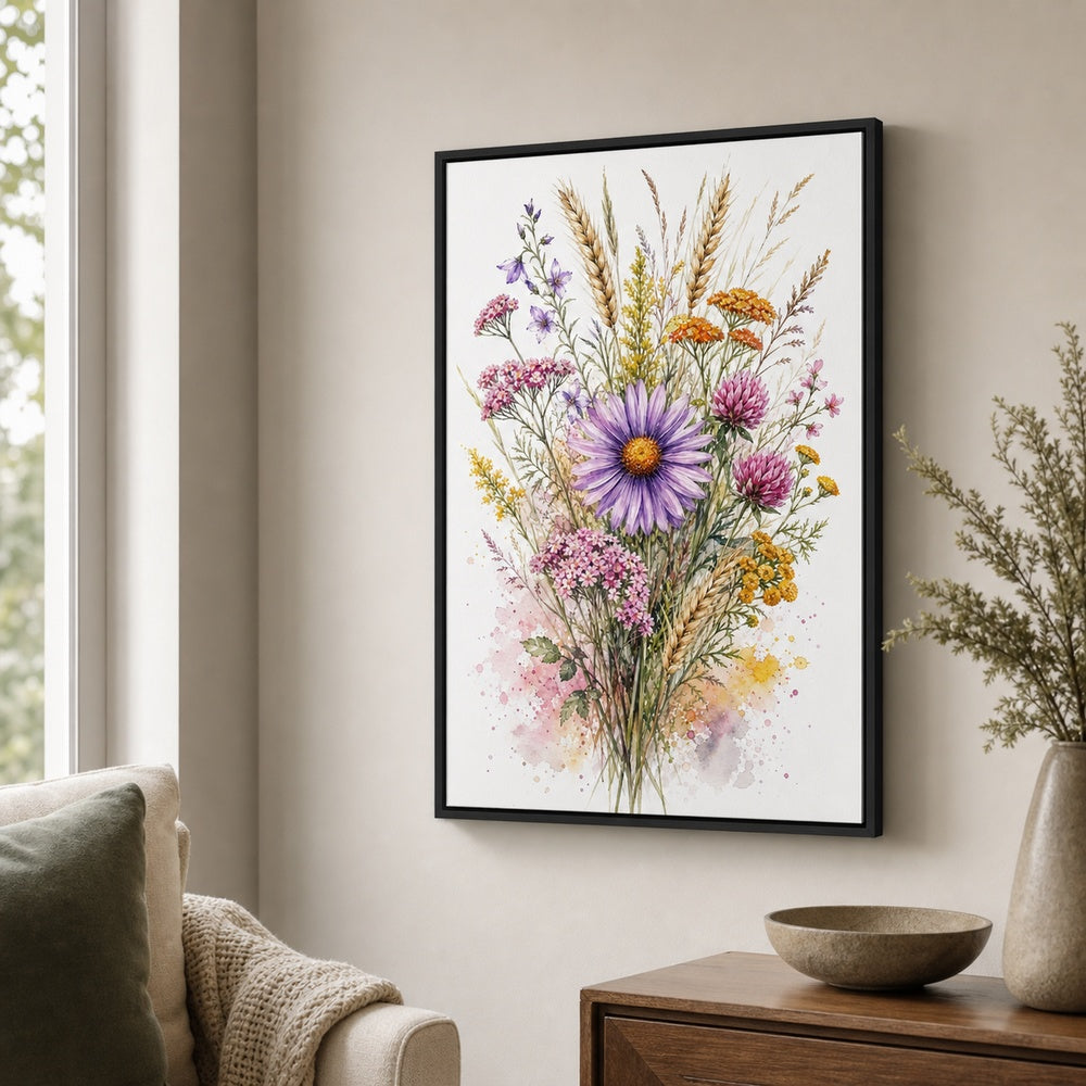 Purple Daisy Wildflower Watercolor Splash Wall Art floating frame wall art - 02b_black_wall_scene_full