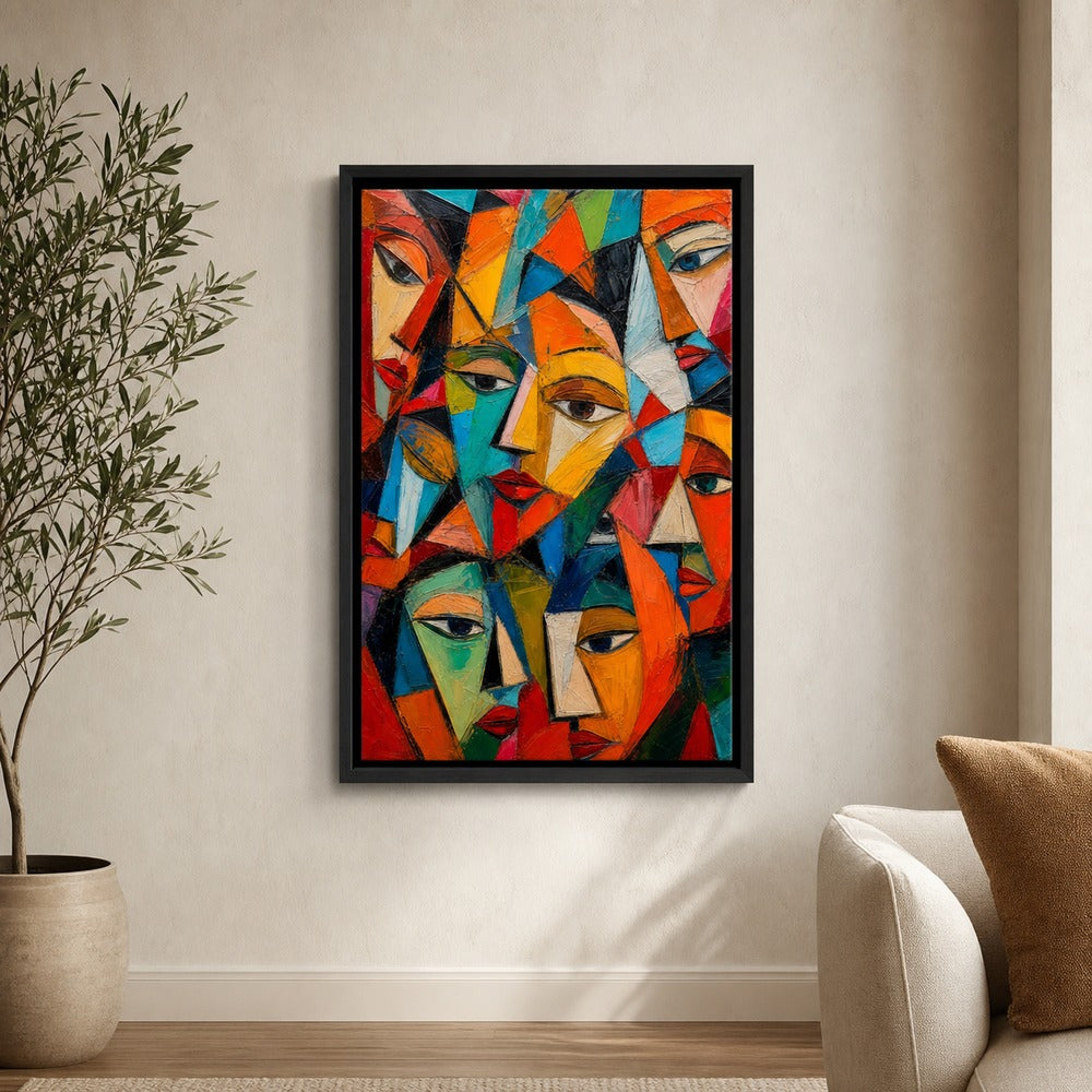 Fragmented Faces Cubist Impasto Wall Art floating frame wall art - 02b_black_wall_scene_full