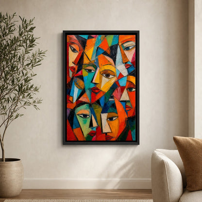 Fragmented Faces Cubist Impasto Wall Art floating frame wall art - 02b_black_wall_scene_full
