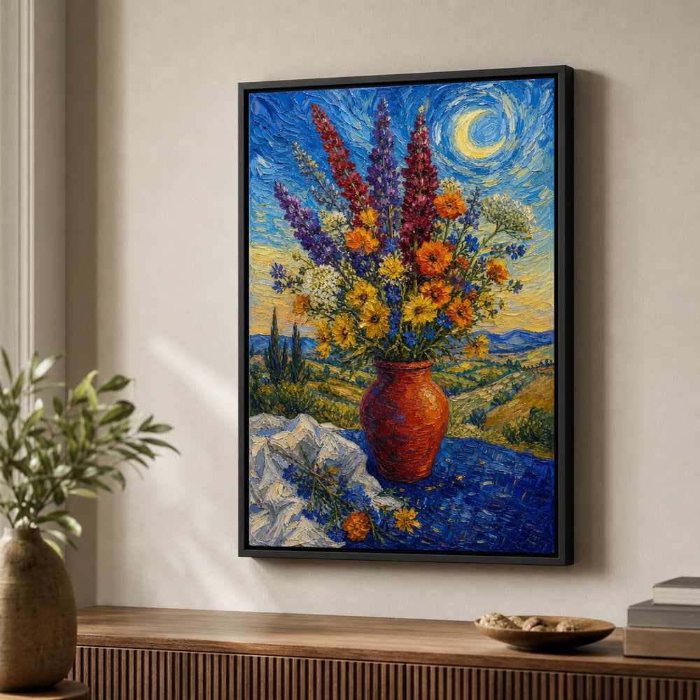 Post Impressionist Flower Vase Blue Tablecloth Wall Art floating frame wall art - 02b_black_wall_scene_full