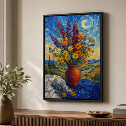 Post Impressionist Flower Vase Blue Tablecloth Wall Art floating frame wall art - 02b_black_wall_scene_full