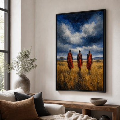 Masai Men Orange Shuka Storm Sky Wall Art floating frame wall art - 02b_black_wall_scene_full