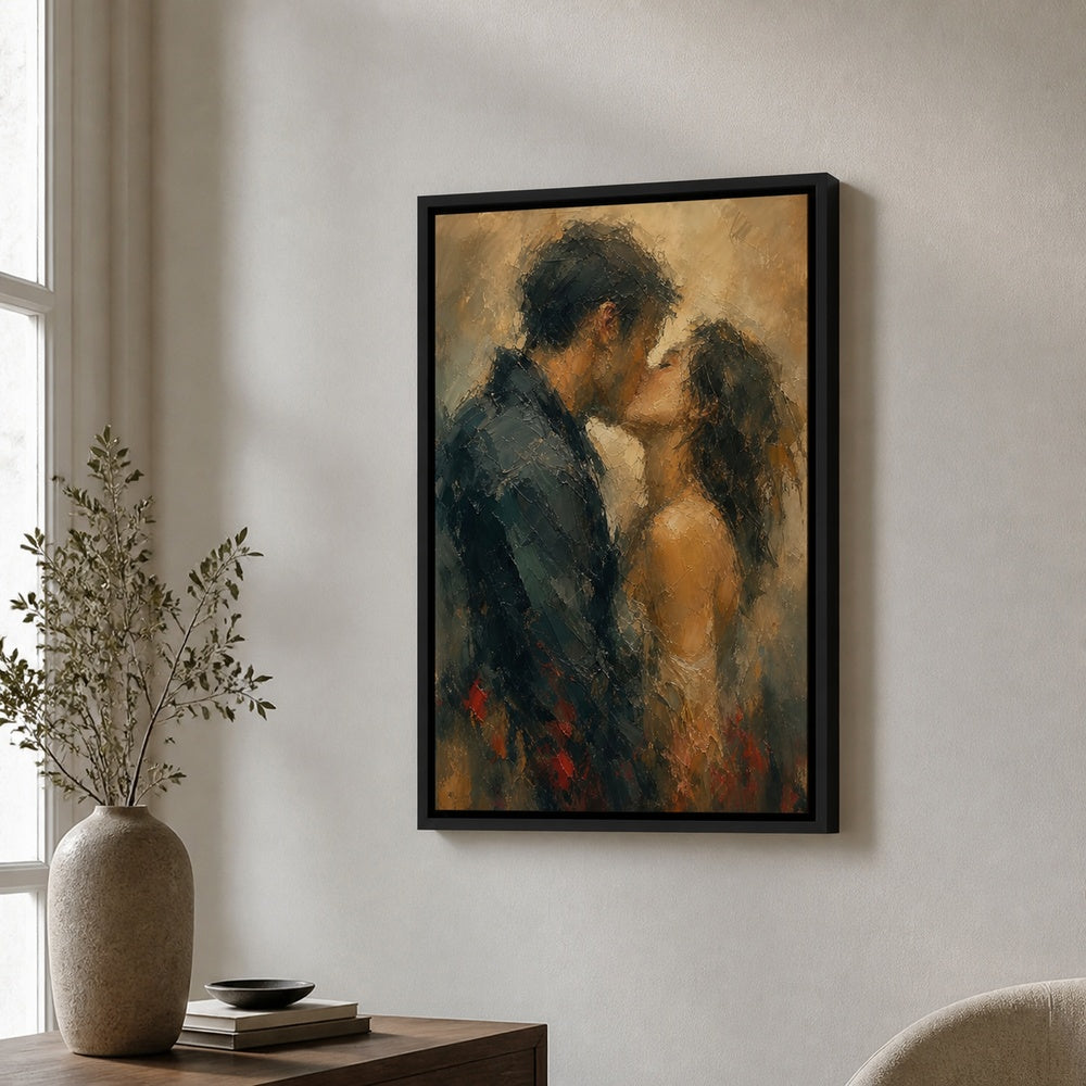 Abstract Kissing Lovers Palette Knife Wall Art floating frame wall art - 02b_black_wall_scene_full