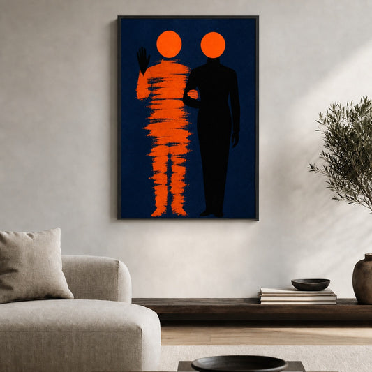 Orange Circle Minimalist Figures Floater Frame Canvas Wall Art — room scene in a black floater frame