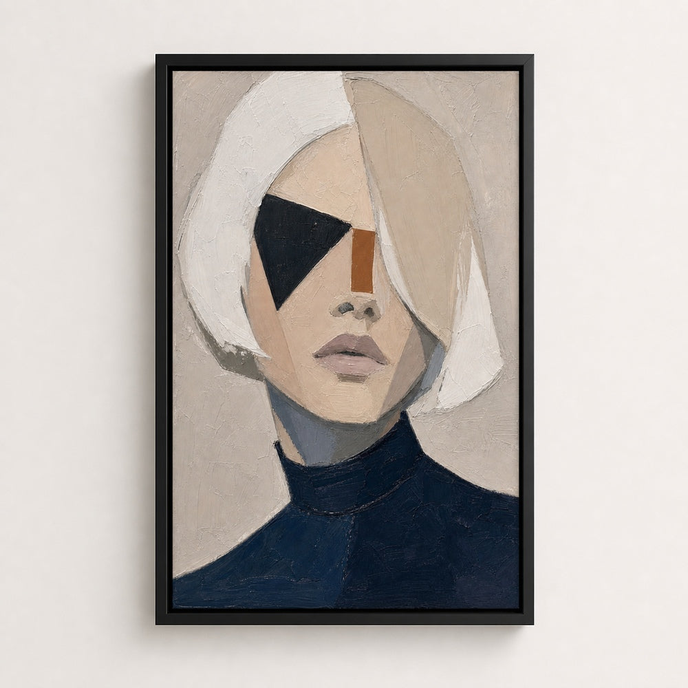 White Bob Geometric Minimal Portrait Wall Art floating frame wall art - 02b_black_wall_scene_full
