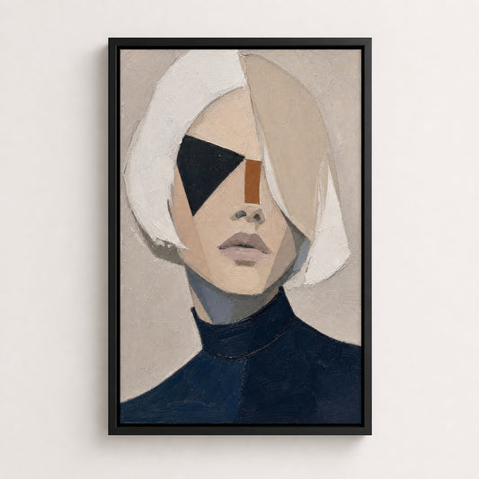 White Bob Geometric Minimal Portrait Floater Frame Canvas Wall Art — room scene in a black floater frame