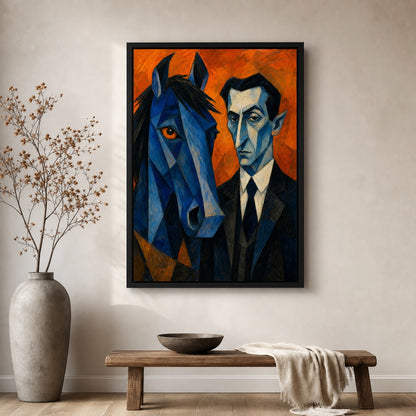 Blue Horse and Suited Man Cubist Wall Art floating frame wall art - 02b_black_wall_scene_full