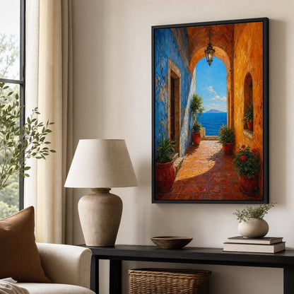 Mediterranean Arch Corridor Sea Impasto Wall Art floating frame wall art - 02b_black_wall_scene_full