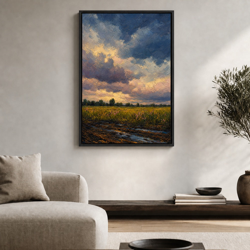 Storm Clouds Over Open Field Floater Frame Canvas Wall Art — room scene in a black floater frame