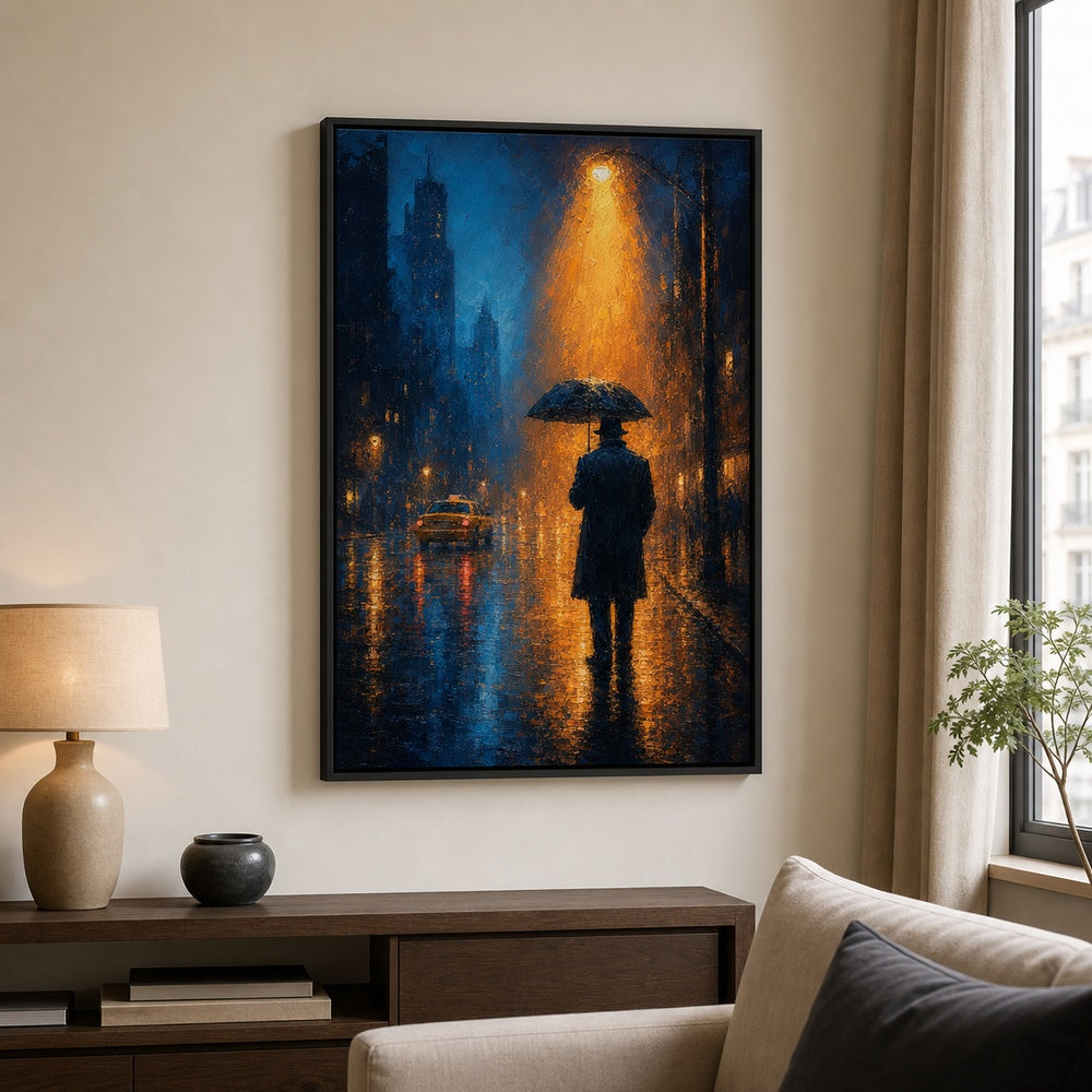 Rainy Night Umbrella Walker Wall Art floating frame wall art - 02b_black_wall_scene_full
