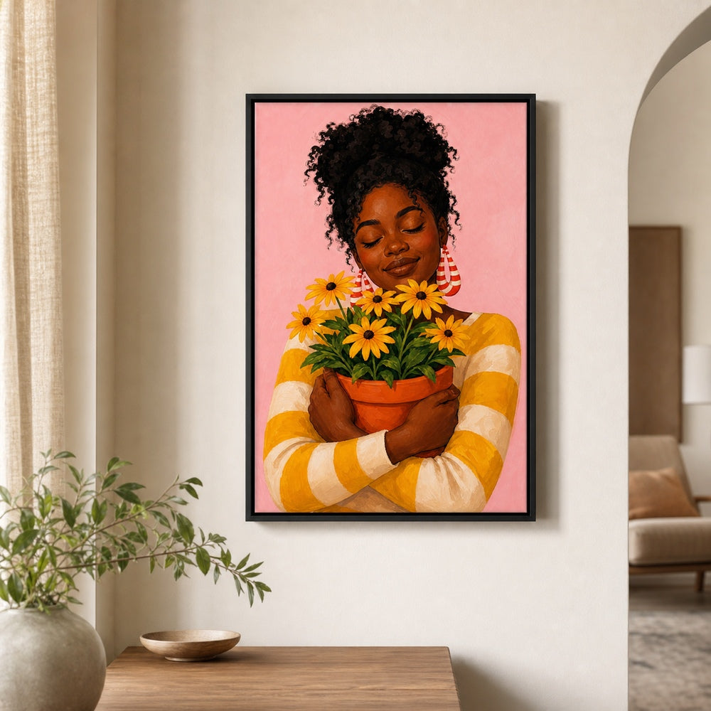 Black Woman Hugging Flower Pot Wall Art floating frame wall art - 02b_black_wall_scene_full