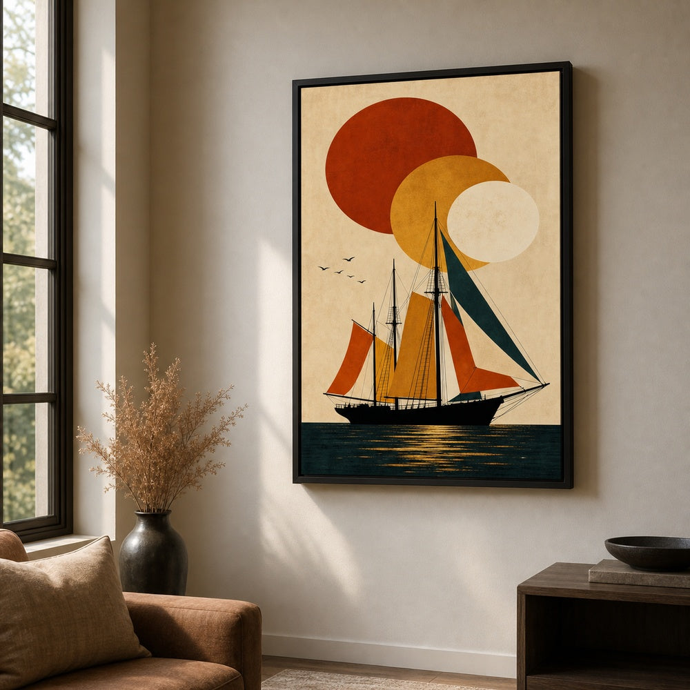 Black Sailboat Geometric Sun Poster Wall Art floating frame wall art - 02b_black_wall_scene_full