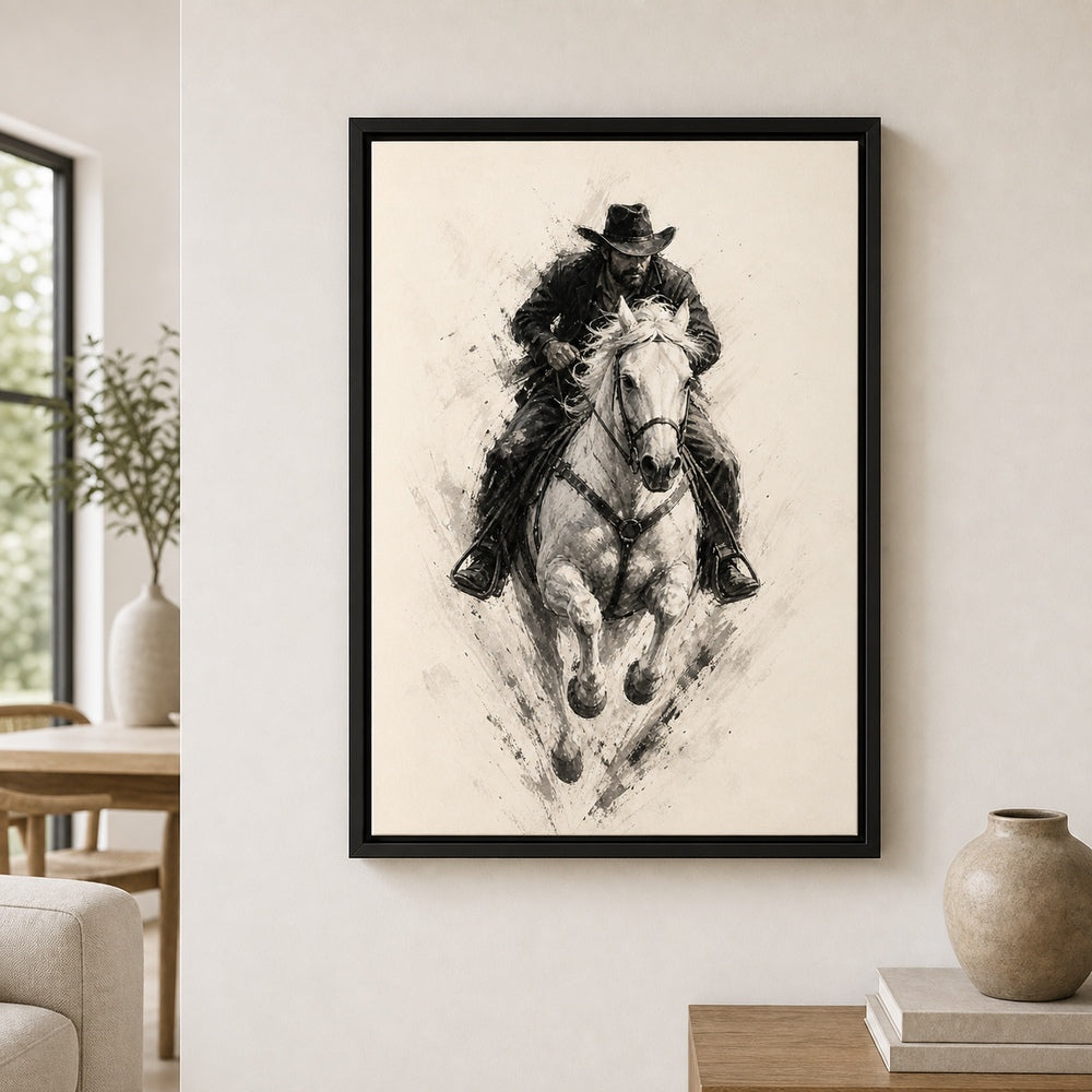 Minimal Black White Cowboy Horse Wall Art floating frame wall art - 02b_black_wall_scene_full