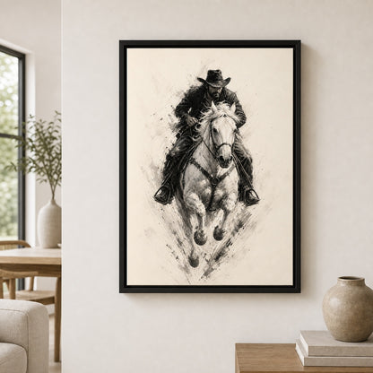 Minimal Black White Cowboy Horse Wall Art floating frame wall art - 02b_black_wall_scene_full