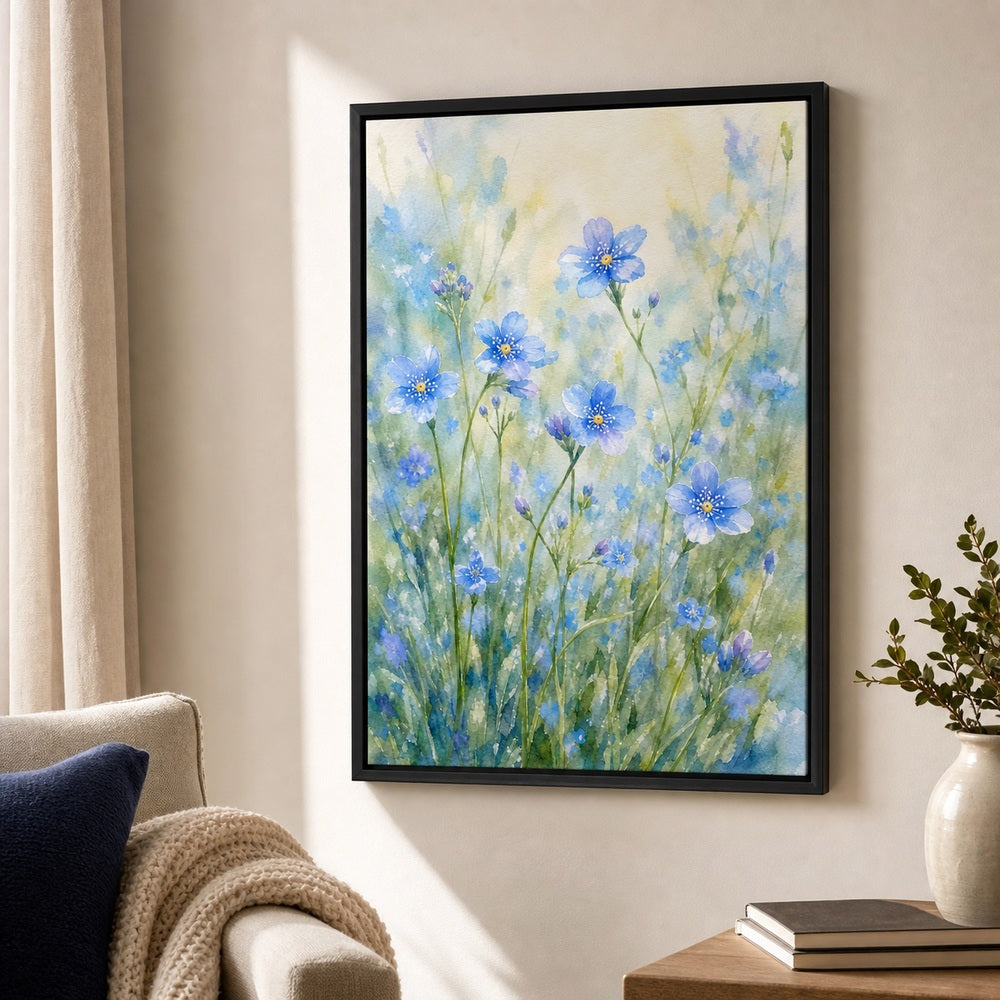 Blue Wildflowers Dreamy Watercolor Wall Art floating frame wall art - 02b_black_wall_scene_full