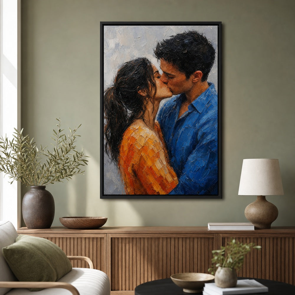 Kissing Couple Orange Blue Impasto Wall Art floating frame wall art - 02b_black_wall_scene_full