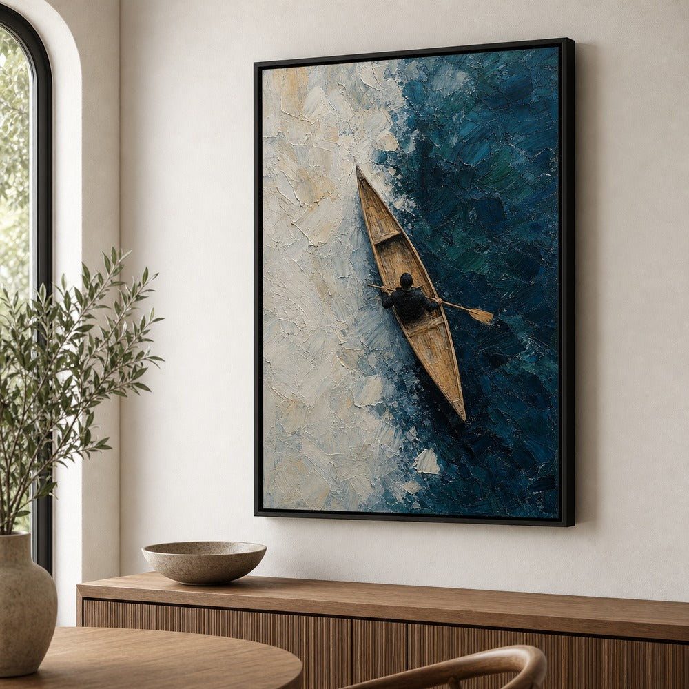 Canoe Ice Water Top View Impasto Wall Art floating frame wall art - 02b_black_wall_scene_full
