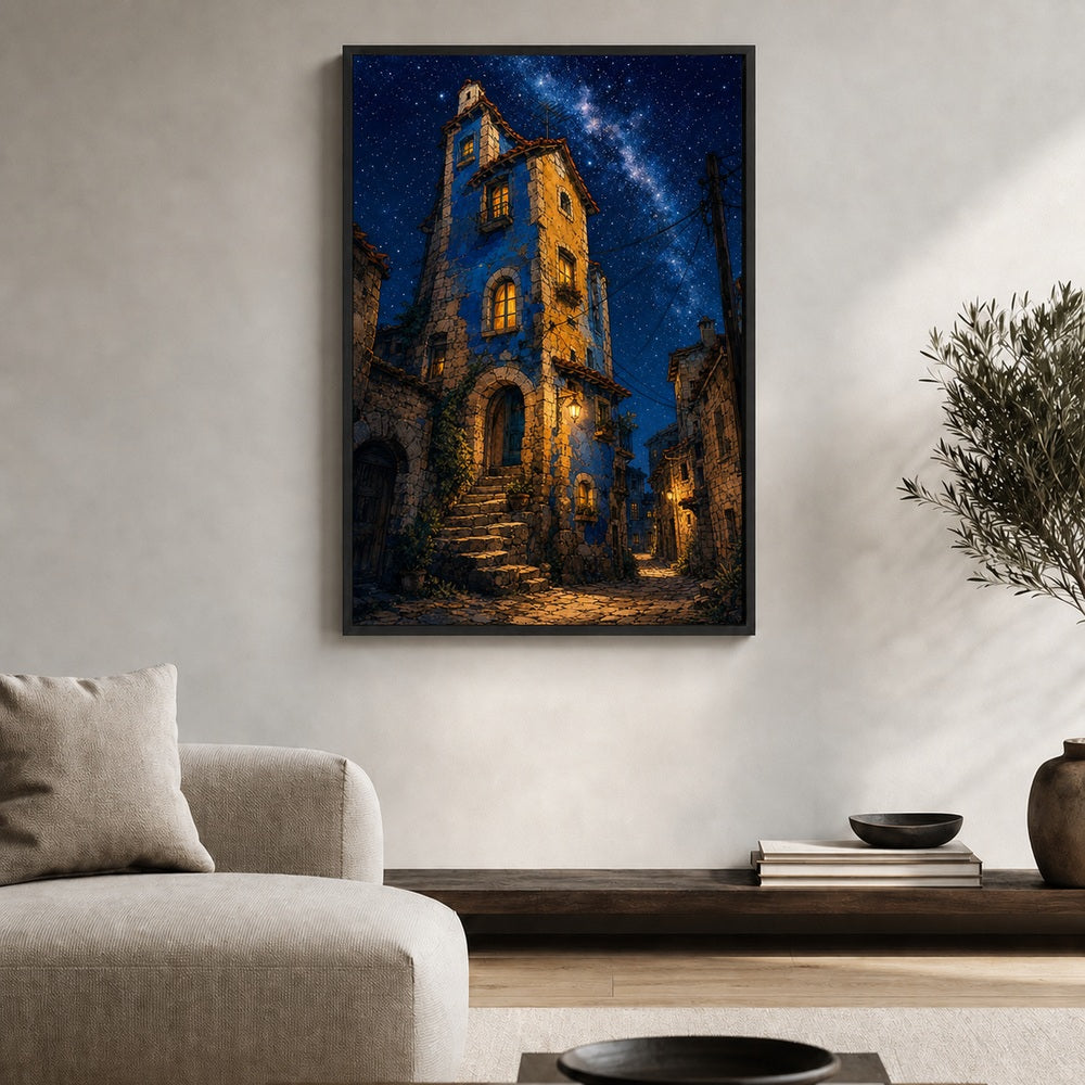 Starry Village Stone House Floater Frame Canvas Wall Art - canvas wall art by AUSJOJO