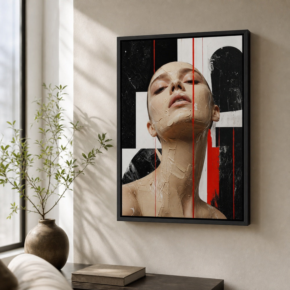 Avant Garde Beige Paste Portrait Red Lines Wall Art floating frame wall art - 02b_black_wall_scene_full