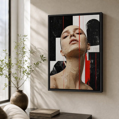 Avant Garde Beige Paste Portrait Red Lines Wall Art floating frame wall art - 02b_black_wall_scene_full