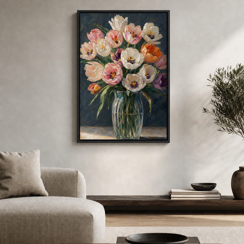 Pink and White Tulips in Glass Vase Floater Frame Canvas Wall Art — room scene in a black floater frame
