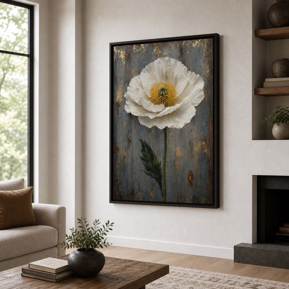 White Poppy Weathered Blue Wall Art floating frame wall art - 02b_black_wall_scene_full
